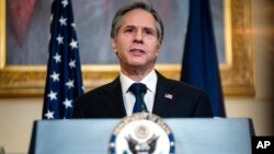资料照片:美国国务卿布林肯在美国国务院发表外交政策讲话。(2021年3月3日)