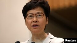 香港特首林郑月娥在区议会选举后对媒体讲话。(2019年11月26日)