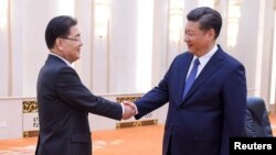 中国国家主席习近平(右)在北京人大会堂会见到访的韩国国家安保室长郑义溶(左)率领的韩国代表团。(2018年3月12日)