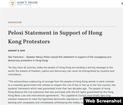 美国国会众议院议长南希.佩洛西8月5日发表声明,支持充满勇气的香港示威群众。