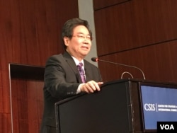 台湾对外贸易发展协会副董事长莊硕汉2018年9月27日在战略与国际研究中心发表演讲(美国之音钟辰芳拍摄)