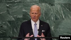 美国总统拜登在地77届联合国大会上发表讲话。(2022年9月21日)