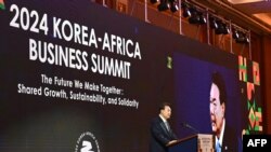 韩国总统尹锡悦2024年6月5日在“2024年韩国—非洲工商峰会”上发表讲话。(法新社)