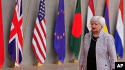 资料照片:美国财政部长珍妮特·耶伦于2023年7月17日出席在印度甘地讷格尔举行的20国集团第三次财长和中央银行行长(FMCBG)会议。(美联社)