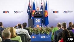 2024年3月6日,澳大利亚总理安东尼·阿尔巴尼斯(Antony Albanese)在东盟-澳大利亚特别峰会结束时的新闻发布会上向媒体发表讲话。