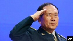 中国国防部长魏凤和2019年6月2日在香格里拉对话会上发言(美联社)