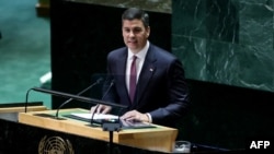 巴拉圭新任总统圣地亚哥·潘尼亚(Santiago Pena)2023年9月19日在第78届联合国大会上发言。(法新社)