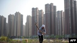 资料照:安徽省合肥一处新开发的楼盘旁,一名妇女在一小块田地里劳作。(2011年5月21日)