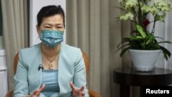 台湾经济部长王美花在台北接受路透社采访。(2021年9月30日)