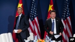 美国总统奥巴马(左)和中国主席习近平在联合国气候大会上(2015年11月30日)