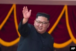 2018年9月9日,朝鲜领导人金正恩在平壤庆祝朝鲜建国70周年的典礼上。