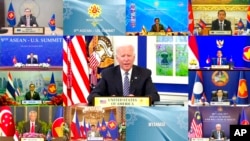 资料照:2021年10月26日,美国总统通过视频参加在文莱举行的美国-东盟峰会时发表讲话。