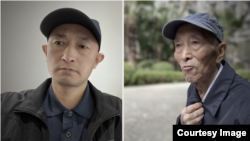 武汉新冠肺炎难属张海(左),去年2月感染新冠病毒去世的父亲张立发