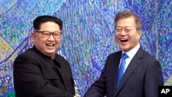 朝鲜领导人金正恩(左)与韩国总统文在寅在两国边境板门店的韩国一侧举行会晤。(2018年4月27日)