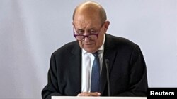 法国外长勒德里昂(Jean-Yves Le Drian)2021年9月20日在纽约出席联合国大会期间出席记者会(路透社)