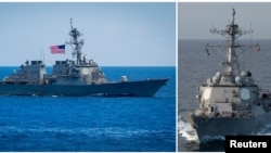美国海军“本福德号”导弹驱逐舰(左)和美国海军“马斯汀”DDG-89号导弹驱逐舰(资料照),台湾国防部说,这两艘美军舰艇7月6日通过了台湾海峡。