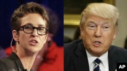 MSNBC 视频电视主持人主持人雷切尔•玛多(左),美国总统川普