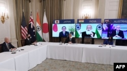 2021年3月12日,美国总统拜登在白宫与日本、印度和澳大利亚领导人举行虚拟峰会。(法新社照片)