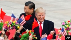 美国总统川普(右)和中国国家主席习近平在北京人大会堂举行的欢迎仪式上受到挥舞美中两国国旗和鲜花的孩子们的欢迎。(2017年11月9日)