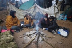 滞留在白俄罗斯与波兰边境的难民生火取暖。(美联社)