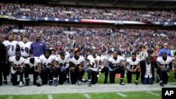 美国NFL球队巴尔的摩乌鸦队球员在与杰克逊维尔美洲虎队的比赛前奏国歌仪式上集体单腿跪地。(2017年9月24日)
