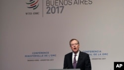 美国贸易代表莱特希泽星期一世贸组织(WTO)布宜诺斯艾利斯部长会议上讲话