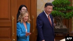 中国领导人习近平在北京钓鱼台国宾馆会见到访的意大利总理乔治亚·梅洛尼(Giorgia Meloni)。(2024年7月29日)