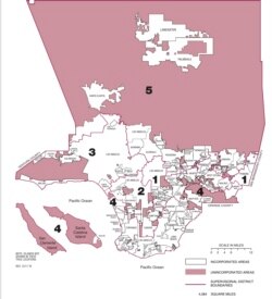 洛杉矶县地图,粉色部分为这个县的“非城市化社区”,孟宪军所在的罗兰岗就是非城市化社区之一。(洛杉矶县官网)
