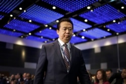 中国公安部副部长出身的国际刑警组织主席孟宏伟走上国际刑警组织世界大会的讲台,准备讲话(2017年7月4日)