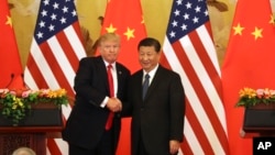 资料照:中国领导人习近平与时任美国总统特朗普在北京人大会堂举行联合记者会。(2017年11月9日)