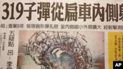 追查319枪击案8年的“福小姐”披露的当时吉普车弹痕。该图显示弹道不是从外向内,而是自内向外射出