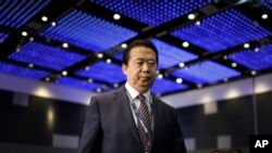 中国公安部副部长出身的国际刑警组织主席孟宏伟走上国际刑警组织世界大会的讲台,准备讲话(2017年7月4日)