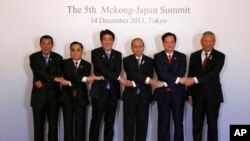 日本首相安倍晋三(左三)与东盟各国领导人在东京携手合影。(2013年12月14日)