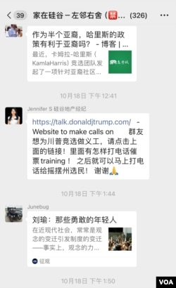 在旧金山湾区的地产经纪人周石群(Jennifer S)作群主的微信群里,她和群友们作为转发和粘贴美国大选相关的信息。(周石群提供)
