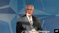 美国国务卿雷克斯·蒂勒森在布鲁塞尔出席北约外长会之前对记者讲话(2017年3月31日)