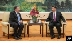 美国国务卿在北京人民大会堂会晤中国国家主席习近平。(2018年6月14日)