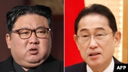 资料照:朝鲜领导人金正恩(左),日本首相岸田文雄