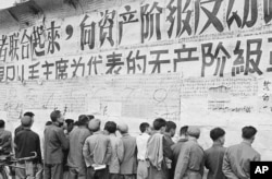 1967年11月1日,在文革中的北京,人们看大字报。文章标题号召联合起来,紧跟毛泽东路线