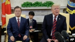 美国总统川普在白宫会晤韩国总统文在寅。(2018年5月23日)