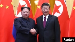 中共中央总书记、国家主席习近平和朝鲜劳动党委员长、国务委员会委员长金正恩在北京人民大会堂握手(2018年3月28日发布的照片)