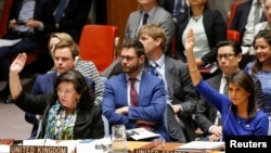 在联合国安理会,美国驻联合国大使黑利和英国驻联合国大使皮尔斯投票反对俄罗斯提出的一项谴责美国及其盟国“侵略”叙利亚的决议(2018年4月14日)