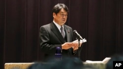 日本防卫大臣小野寺五典周一讲话时称朝核问题严重。(2017年10月23日)