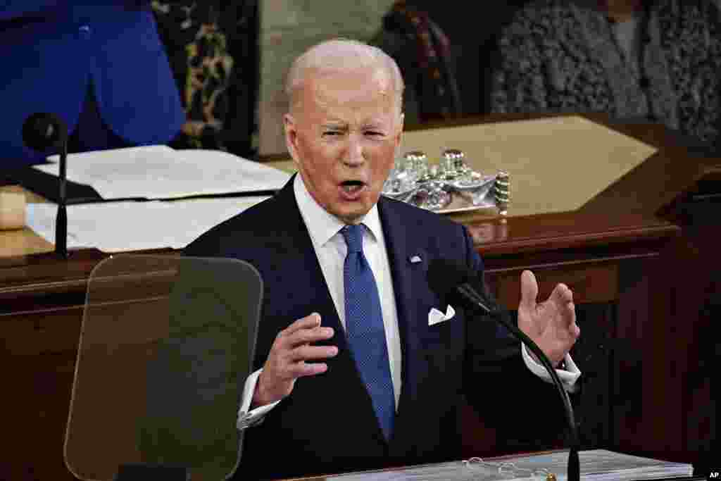 သမ္မတ Joe Biden အမေရိကန်လွှတ်တော်မှာ နိုင်ငံတော်အခြေပြမိန့်ခွန်းပြောကြားစဥ်။ (မတ်လ ၇၊ ၂၀၂၄)  