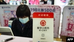 上海一家商场交款处设有“欢迎使用数字人民币”的牌子。(2021年3月8日)