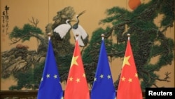 资料照:北京人大会堂内树立的欧盟与中国旗帜