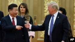 中国国家主席习近平(左)在北京人大会堂举行国宴招待到访的美国总统川普和第一夫人梅拉尼亚。 (2017年11月9日)