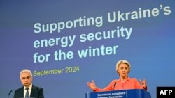 အီးယူကော်မရှင်နာမင်းကြီး Ursula von der Leyen (ယာ) နဲ့ နိုင်ငံတကာစွမ်းအင်အေဂျင်စီညွှန်ချုပ် (IEA) Fatih Birol တို့ ယူကရိန်းစွမ်းအင်လုံခြုံရေးညီလာခံမှာ ယူကရိန်းစွမ်းအင်အတွက် ထောက်ပံ့ပေးဖို့ ပြောကြစဥ်။ (စက်တင်ဘာ ၁၉၊ ၂၀၂၄)