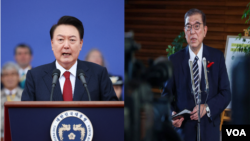 တောင်ကိုရီးယားသမ္မတ Yoon Suk Yeol (ဝဲ) နဲ့ ဂျပန်ဝန်ကြီးချုပ်သစ် Shigeru Ishiba (ယာ)