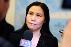 资料照片:张青在国会一次听证会前与美国之音等媒体记者交谈。(2013年10月29日)