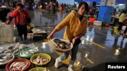中国福建省泉州市的海鲜市场,一位商贩端着一篮鲜鱼(资料照片,2013年12月9日)